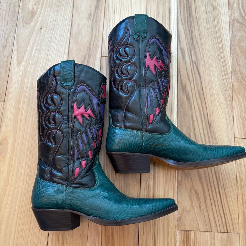 Vintage Nine West Navarra Green Leather Western Cowboy Boots - Picture 5 of 14